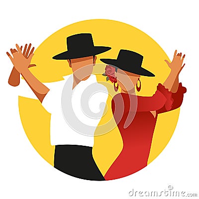 Couple of Spanish flamenco dancers wearing typical hats, playing clapping. Yellow circle on white background Vector Illustration