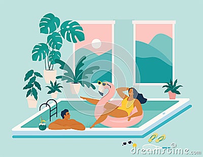 Couple spend summer vacation at swimming pool during quarantine. Stay at home during summer. Summer at home. Party on Vector Illustration