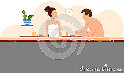 Couple spending time in living room together. Guy with girl in underwear are plying after bath Vector Illustration