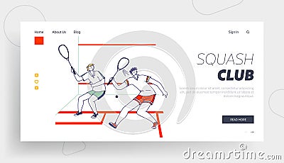Couple of Sportsmen Playing Squash Landing Page Template. Male Characters Sports Training or Competition Vector Illustration