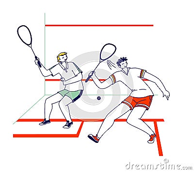 Sportsmen Playing Squash. Male Characters Sports Training or Competition, Healthy Activity and Spare Time, Sport Hobby Vector Illustration