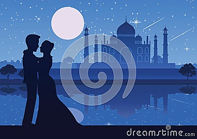 couple stand near river at Taj Mahal landmark of India,silhouette style Vector Illustration