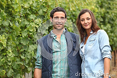 Couple standing amidst vines Stock Photo