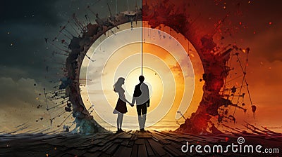 The couple standing in front of a circular hole. Generative AI image. Stock Photo