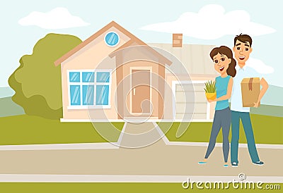 Couple standing outside new home Vector Illustration