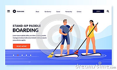 Couple standing on paddle boards. Vector illustration. Summer outdoor fitness, leisure activities and sport lifestyle Vector Illustration