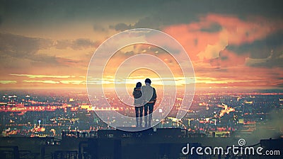 Couple standing on the roof top Cartoon Illustration