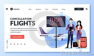 Couple stands near board with text Flight Canceled. Passengers in medical masks in airport terminal. Vector illustration Vector Illustration