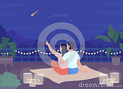 Couple stargazing on rooftop in evening flat color vector illustration Cartoon Illustration