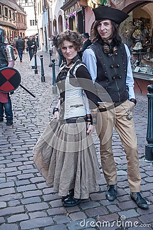 Couple with steam punk costume at the steam punk exhibition in Kaysersberg village Editorial Stock Photo