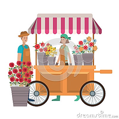 Couple in store kiosk with flowers avatar character Vector Illustration
