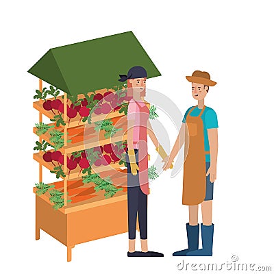 Couple in store kiosk with vegetables avatar character Vector Illustration