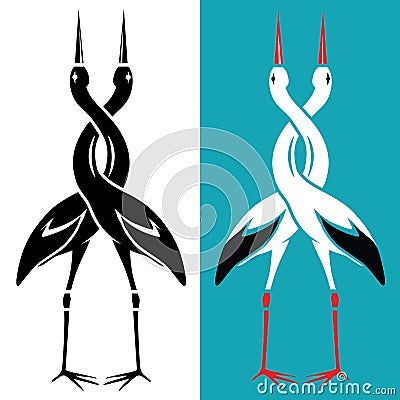 Couple of storks embracing with a twisted neck. Love affair logo Stock Photo