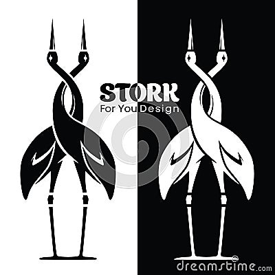 Couple of storks embracing with a twisted neck. Love affair logo Stock Photo