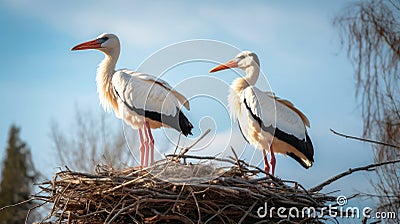 Couple of storks in the nest. Generative AI. Stock Photo