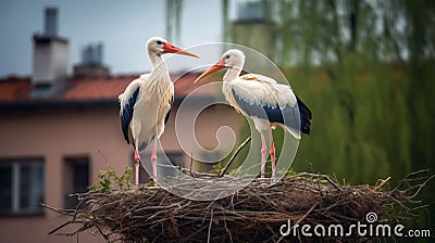 Couple of storks in the nest. Generative AI. Stock Photo