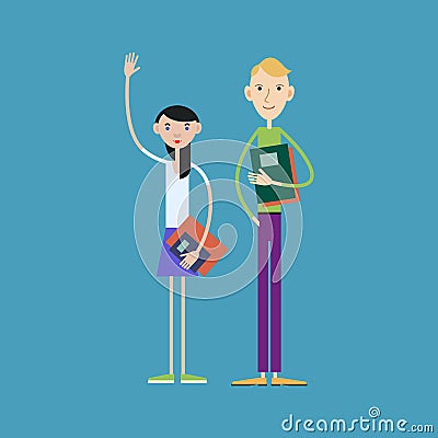 A couple students with books and folders Vector Illustration