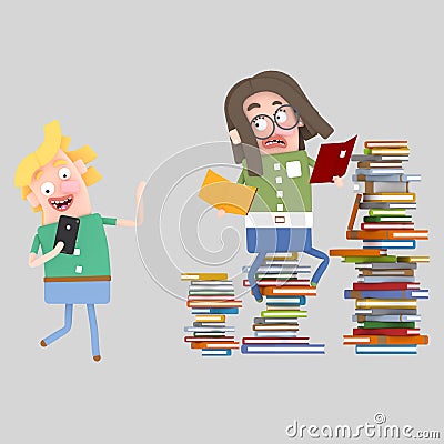 Couple students looking for information Cartoon Illustration