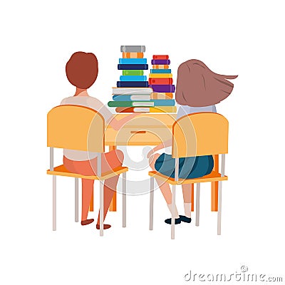 Couple students sitting in school desk Vector Illustration