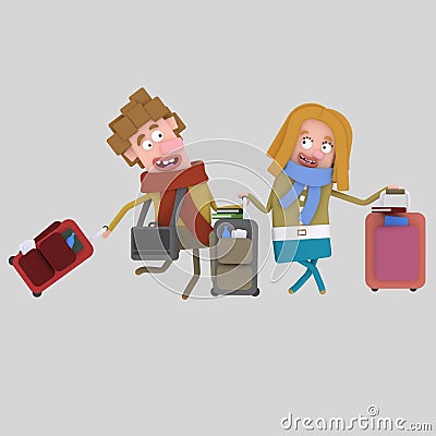 Couple with suitcases. Cartoon Illustration