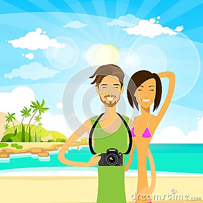 Couple summer travel vacation sea ocean beach man Vector Illustration