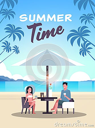 Couple summer vacation man woman drink wine umbrella on sunrise beach tropical island vertical flat Vector Illustration