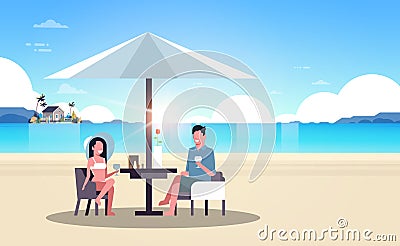 Couple summer vacation man woman drink wine umbrella on sunrise beach villa house tropical island horizontal flat Vector Illustration