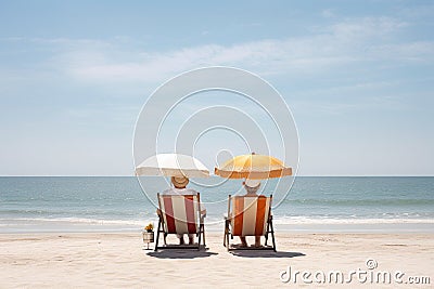 Couple sunbathing on the beach in summer, Thailand, rear view of a Retired traveling couple resting together on sun loungers Stock Photo