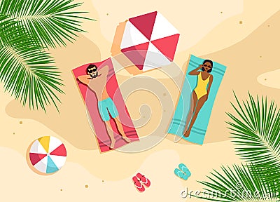 Couple sunbathing top view. A man and an African American woman are sunbathing on a beach. Beach time vector illustration Cartoon Illustration