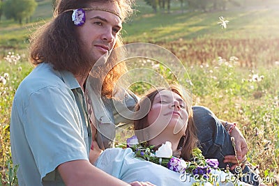 Couple sunlight enamoured hippie Stock Photo