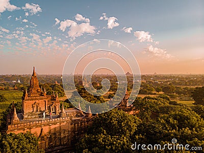 Myanmar, couple sunrise Bagan, men woman sunset Bagan .old city of Bagan Myanmar, Pagan Burma Asia old ruins Pagodas and Stock Photo