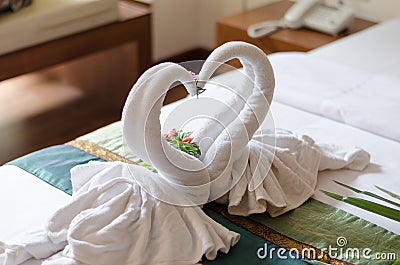 Couple swans towels Stock Photo