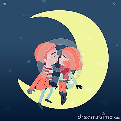 Couple sweetheart lovers kiss on the moon. Vector Illustration