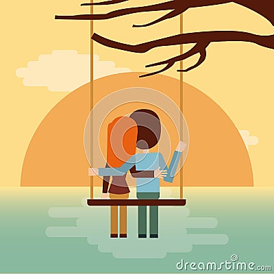 Couple on swing seeing the sunset icon. Vector graphic Vector Illustration