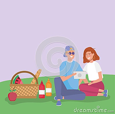 Couple with tablet with basket food grass picnic Vector Illustration