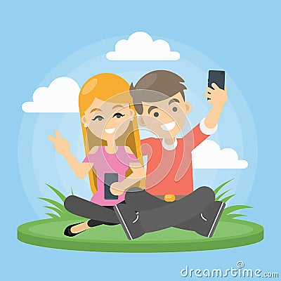 Couple take selfie. Vector Illustration