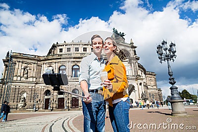 Couple taking selfie at Semperoper in Dresden Stock Photo