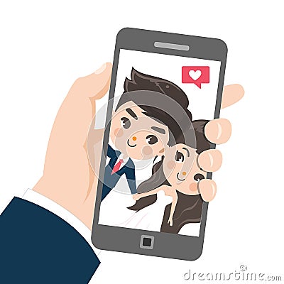 Couple are taking selfie by mobile phone. Vector Illustration