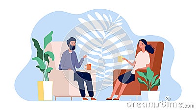 Couple talking. Family home time. Man and woman sitting on armchairs with drinks vector illustration Vector Illustration