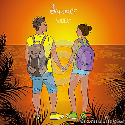 Couple tanned tourists with backpacks at sunset on the beach Vector Illustration