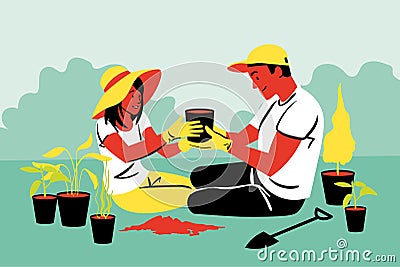 Couple, teamwork, agriculture, gardening, planting, nature concept Vector Illustration