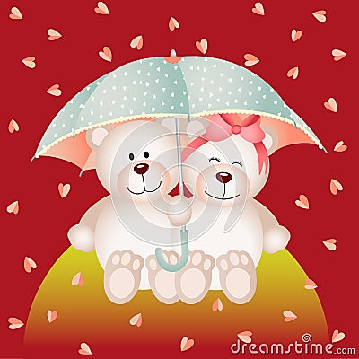 Couple teddy bear with umbrella under the rain of hearts Vector Illustration