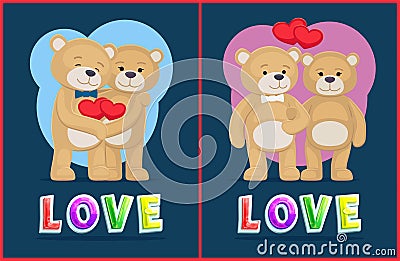 Couple Teddy Bears, love theme, vector placard Vector Illustration