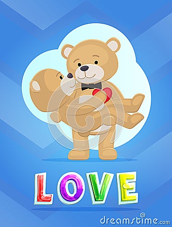 Couple Teddy Bears, love theme, vector placard Vector Illustration