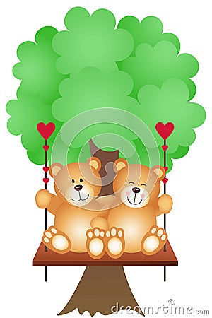 Couple Teddy Bears Swing on a Tree Vector Illustration