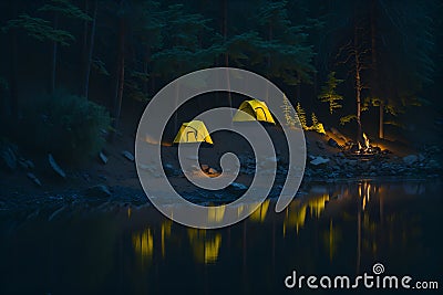 A couple of tents sitting on top of a lake Stock Photo