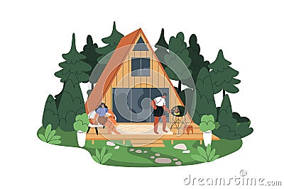 Couple on terrace of summer house in nature. BBQ and relax at modern cozy A-frame wooden home at weekend, vacation Cartoon Illustration