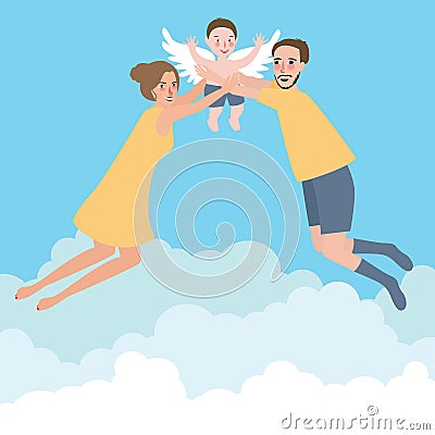Couple with their baby family flying wings happy to the sky Vector Illustration