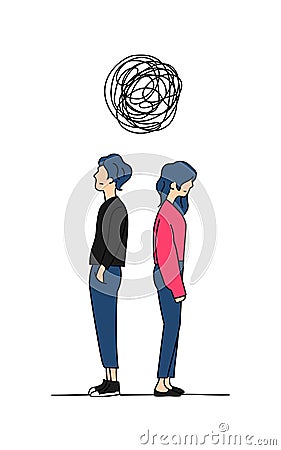 Couple think complicated relationship problem doodle color drawing vector illustration. man and girl stand back to back with big Cartoon Illustration