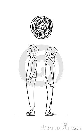 Couple think complicated relationship problem doodle drawing vector illustration. man and girl stand back to back with tangled Vector Illustration